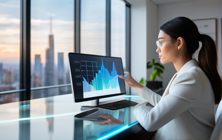 시간에 따른 데이터 변화 분석하기 - **Prompt:** A highly focused female data analyst (mid-30s, professional and stylish, wearing a smart...