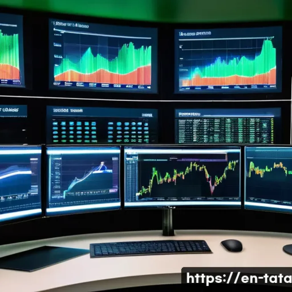 시계열 데이터의 변동성 추정 기법 - A high-tech financial analyst workspace showing multiple curved digital screens displaying rolling v...