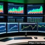 시계열 데이터의 변동성 추정 기법 - A high-tech financial analyst workspace showing multiple curved digital screens displaying rolling v...