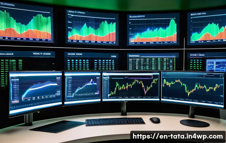 시계열 데이터의 변동성 추정 기법 - A high-tech financial analyst workspace showing multiple curved digital screens displaying rolling v...
