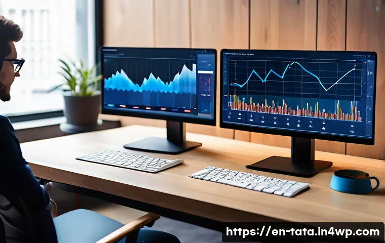 시계열 분석에 적합한 변수 선택 기법 - A modern data scientist’s workspace featuring multiple large monitors displaying complex time series...