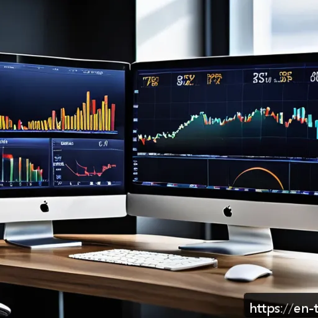 시계열 데이터를 통한 주식 시장 예측 - A sophisticated financial analyst workspace featuring multiple high-resolution computer monitors dis...