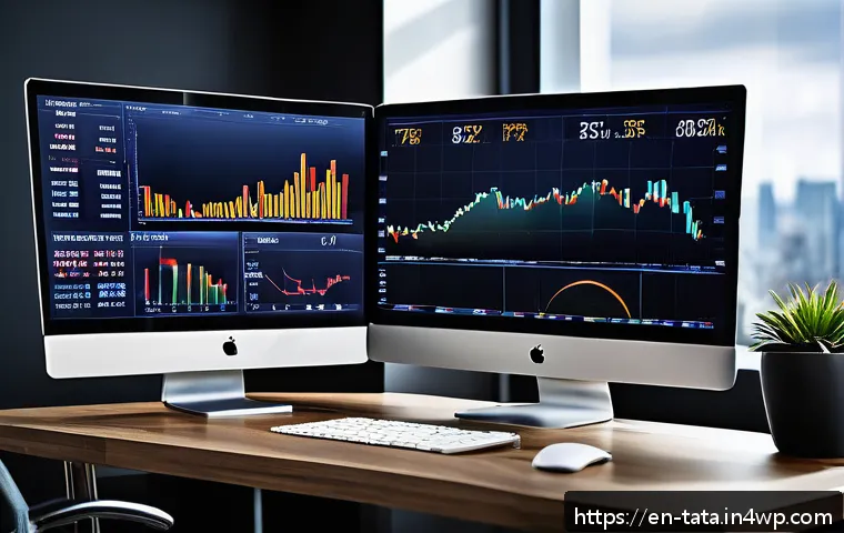 시계열 데이터를 통한 주식 시장 예측 - A sophisticated financial analyst workspace featuring multiple high-resolution computer monitors dis...