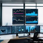 Home 23 시계열 데이터의 변동성 모델링 기법 - A sophisticated financial analyst’s modern office with multiple large computer monitors displaying d...