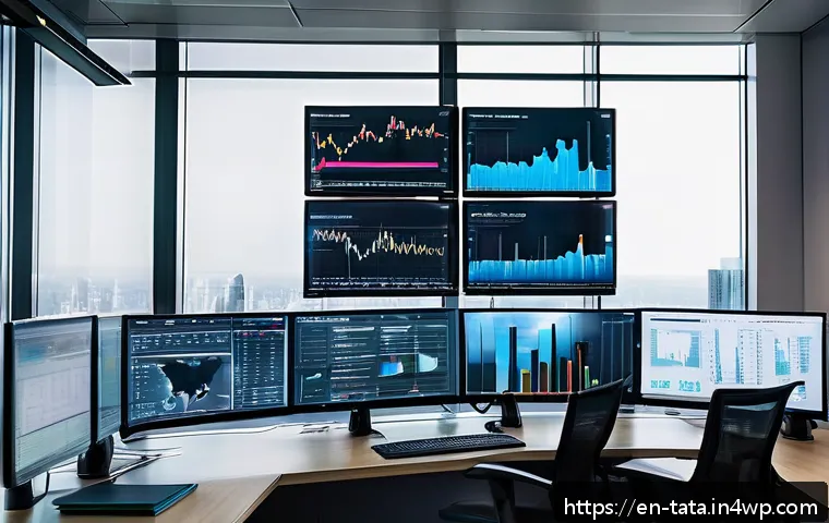 시계열 데이터의 변동성 모델링 기법 - A sophisticated financial analyst’s modern office with multiple large computer monitors displaying d...