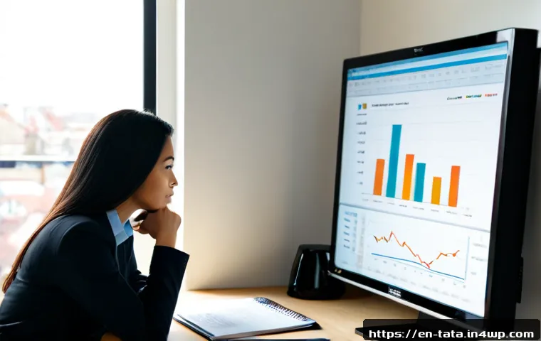 시계열 데이터의 힘  비즈니스 인사이트 도출하기 - Photorealistic modern business analyst reviewing a clean time-series performance chart on a large de...