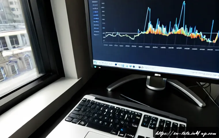 시계열 데이터의 계산 복잡도 분석 - Photorealistic overhead view of a data analyst’s clean modern desk, large monitor showing abstract u...